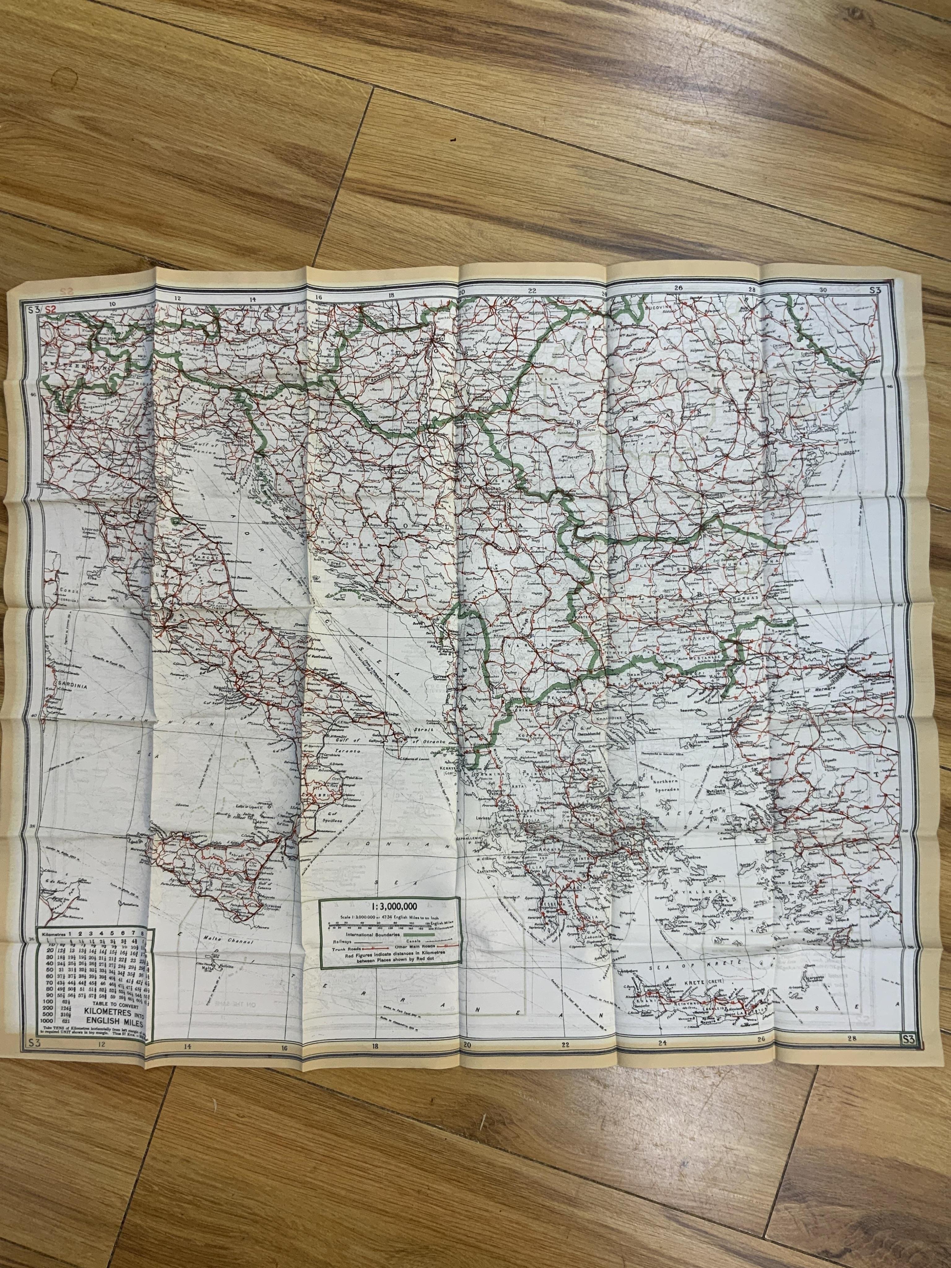 Four ‘escape’ style maps printed on silk type material, three printed double-sided; North Norway, 47x49cm, parts of Italy and Greece, 53x62cm, parts of France, 44x53cm, and a single sided map of part of the Mediterranean